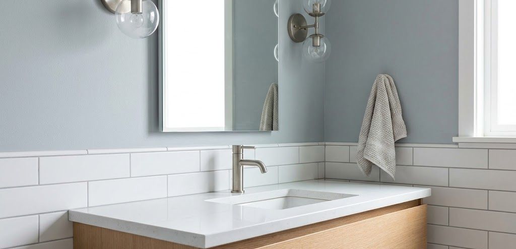 Modern bathroom vanity with light wood cabinet, white countertop, and subway tiles.